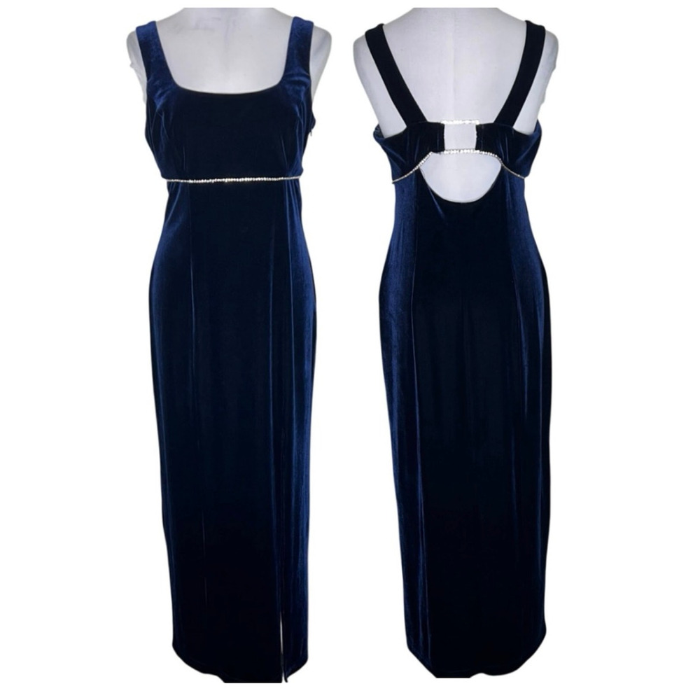 Vintage Bari Jay Maxi Dress 13/14 Blue Velvet 90s Rhinestone Evening Gown Formal